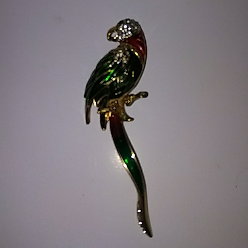 Vintage gold plated parrot brooch red & green